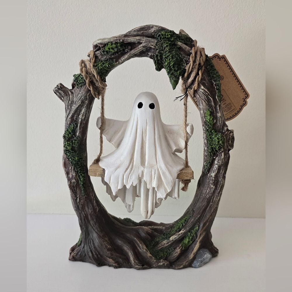 Ghost on Swing Halloween Figurine Rustic Tree Decor